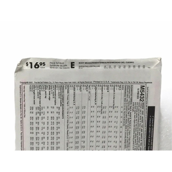 McCall M5432 VEST JACKET TOP PANT 16-24 bust 38-46 Sewing pattern 2007 Misses - Picture 3 of 7